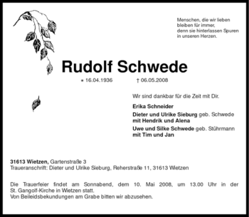 Traueranzeige von Rudolf Schwede von KREISZEITUNG SYKE