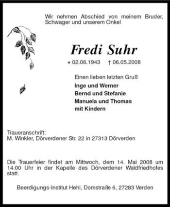 Traueranzeige von Fredi Suhr von KREISZEITUNG SYKE