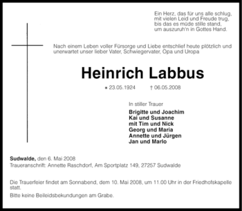 Traueranzeige von Heinrich Labbus von KREISZEITUNG SYKE