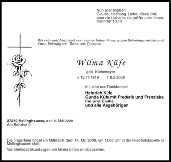 Traueranzeige von Wilma Küfe von KREISZEITUNG SYKE