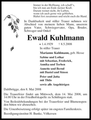 Traueranzeige von Ewald Kuhlmann von KREISZEITUNG SYKE