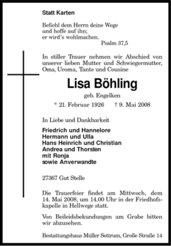 Traueranzeige von Lisa Böhling von KREISZEITUNG SYKE