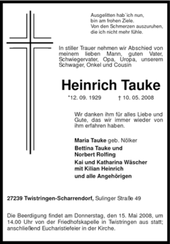 Traueranzeige von Heinrich Tauke von KREISZEITUNG SYKE