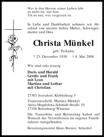 Traueranzeige von Christa Münkel von KREISZEITUNG SYKE