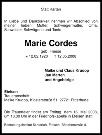 Traueranzeige von Marie Cordes von KREISZEITUNG SYKE