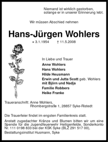 Traueranzeige von Hans-Jürgen Wohlers von KREISZEITUNG SYKE