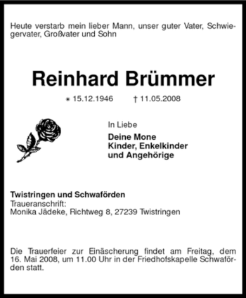 Traueranzeige von Reinhard Brümmer von KREISZEITUNG SYKE