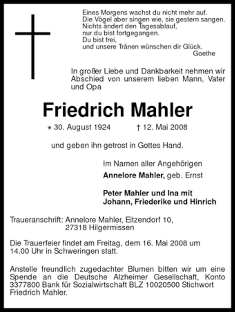  Traueranzeige für Friedrich Mahler vom 14.05.2008 aus KREISZEITUNG SYKE