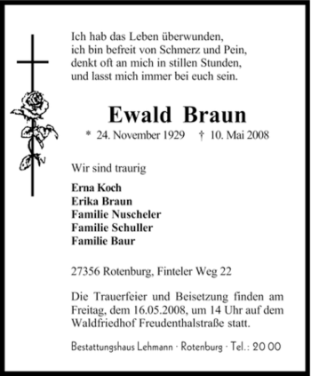 Traueranzeige von Ewald Braun von KREISZEITUNG SYKE