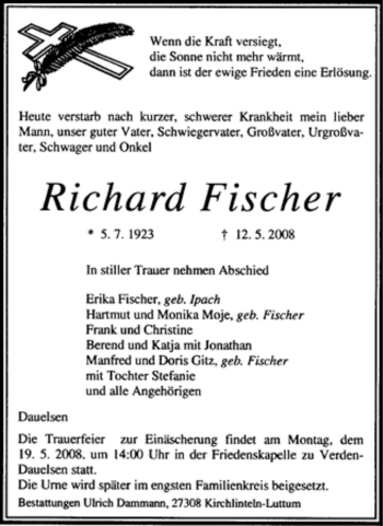 Traueranzeige von Richard Fischer von KREISZEITUNG SYKE