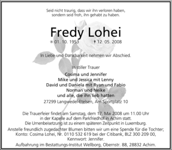 Traueranzeige von Fredy Lohei von KREISZEITUNG SYKE