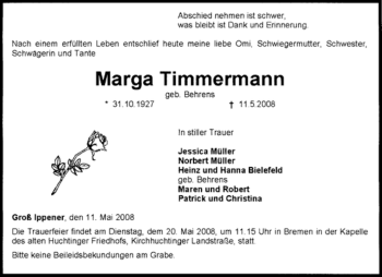 Traueranzeige von Marga Timmermann von KREISZEITUNG SYKE