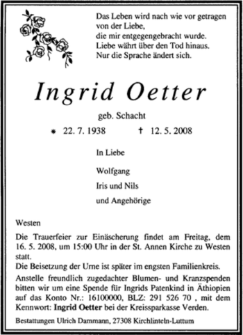 Traueranzeige von Ingrid Oetter von KREISZEITUNG SYKE