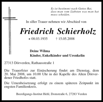 Traueranzeige von Friedrich Schierholz von KREISZEITUNG SYKE