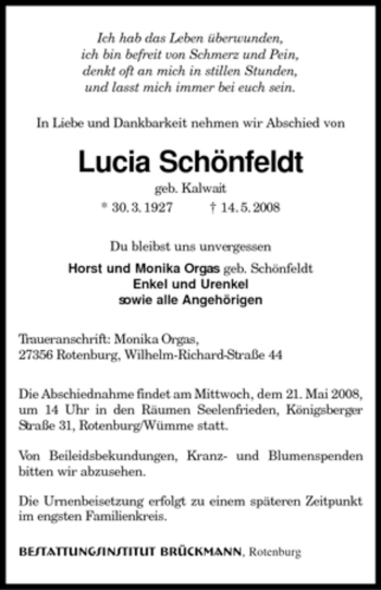 Traueranzeige von Lucia Schönfeldt von KREISZEITUNG SYKE