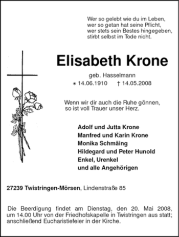 Traueranzeige von Elisabeth Krone von KREISZEITUNG SYKE