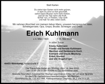 Traueranzeige von Erich Kuhlmann von KREISZEITUNG SYKE