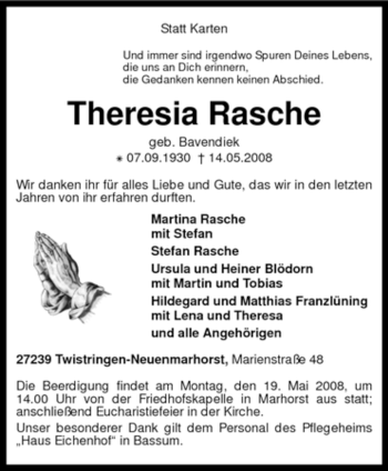 Traueranzeige von Theresia Rasche von KREISZEITUNG SYKE