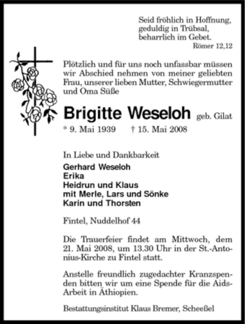 Traueranzeige von Brigitte Weseloh von KREISZEITUNG SYKE