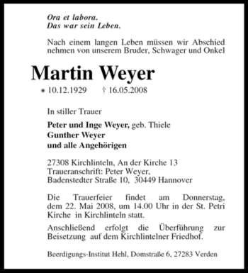 Traueranzeige von Martin Weyer von KREISZEITUNG SYKE