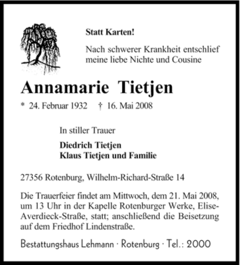 Traueranzeige von Annamarie Tietjen von KREISZEITUNG SYKE