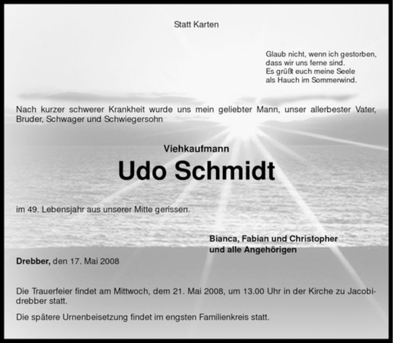  Traueranzeige für Udo Schmidt vom 19.05.2008 aus KREISZEITUNG SYKE