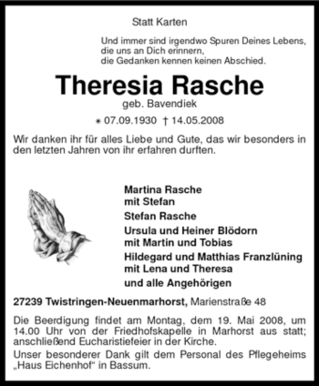 Traueranzeige von Theresia Rasche von KREISZEITUNG SYKE