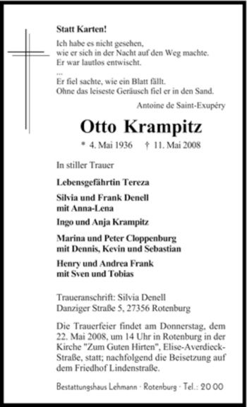Traueranzeige von Otto Krampitz von KREISZEITUNG SYKE