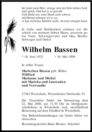 Traueranzeige von Wilhelm Bassen von KREISZEITUNG SYKE