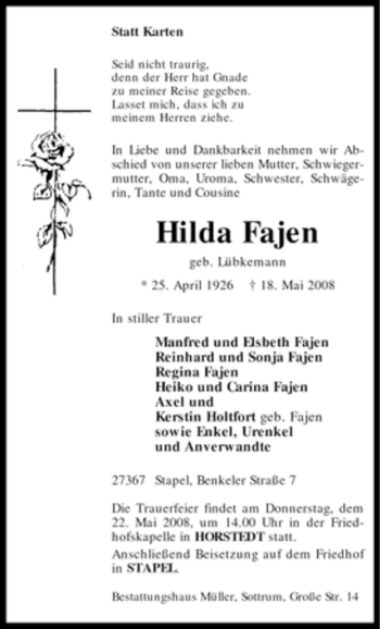 Traueranzeige von Hilda Fajen von KREISZEITUNG SYKE