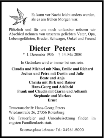 Traueranzeige von Dieter Peters von KREISZEITUNG SYKE
