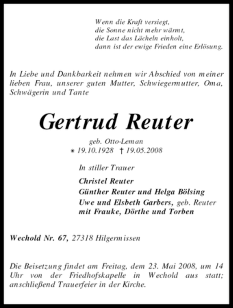  Traueranzeige für Gertrud Reuter vom 21.05.2008 aus KREISZEITUNG SYKE