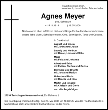 Traueranzeige von Agnes Meyer von KREISZEITUNG SYKE