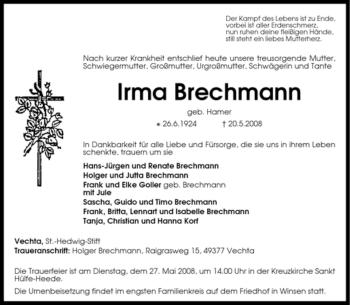 Traueranzeige von Irma Brechmann von KREISZEITUNG SYKE