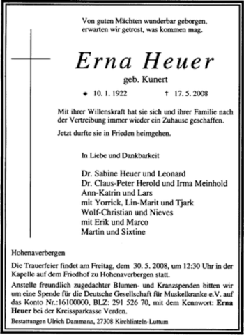 Traueranzeige von Erna Heuer von KREISZEITUNG SYKE