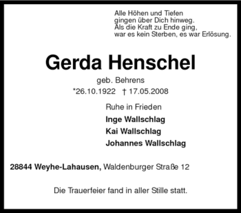 Traueranzeige von Gerda Henschel von KREISZEITUNG SYKE