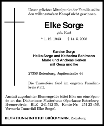 Traueranzeige von Elke Sorge von KREISZEITUNG SYKE