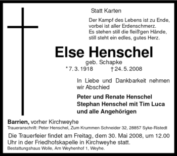 Traueranzeige von Else Henschel von KREISZEITUNG SYKE