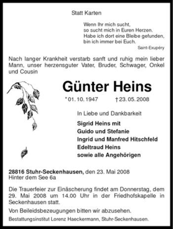 Traueranzeige von Günter Heins von KREISZEITUNG SYKE