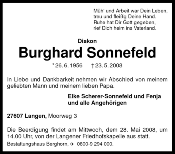 Traueranzeige von Burghard Sonnefeld von KREISZEITUNG SYKE