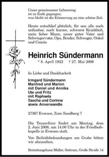 Traueranzeige von Heinrich Sündermann von KREISZEITUNG SYKE