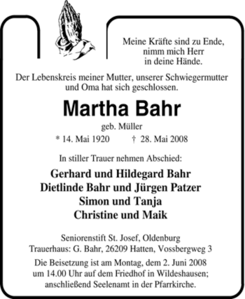 Traueranzeige von Martha Bahr von KREISZEITUNG SYKE