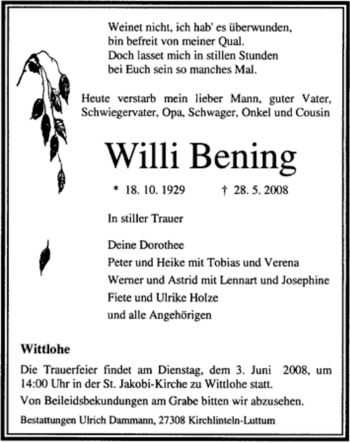 Traueranzeige von Willi Bening von KREISZEITUNG SYKE