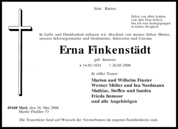 Traueranzeige von Erna Finkenstädt von KREISZEITUNG SYKE