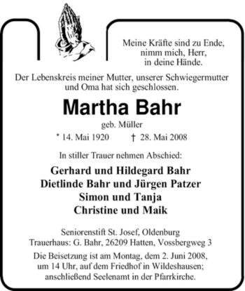 Traueranzeige von Martha Bahr 