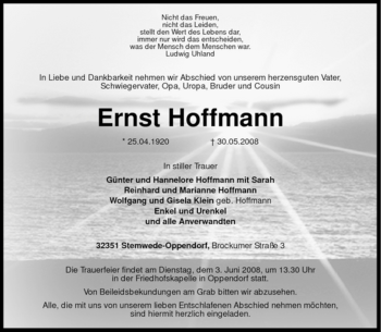 Traueranzeige von Ernst Hoffmann von KREISZEITUNG SYKE