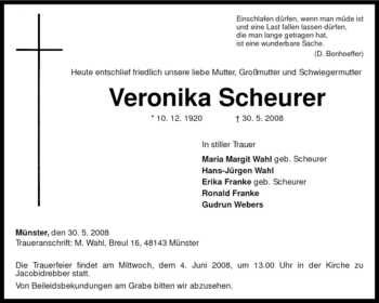 Traueranzeige von Veronika Scheurer von KREISZEITUNG SYKE