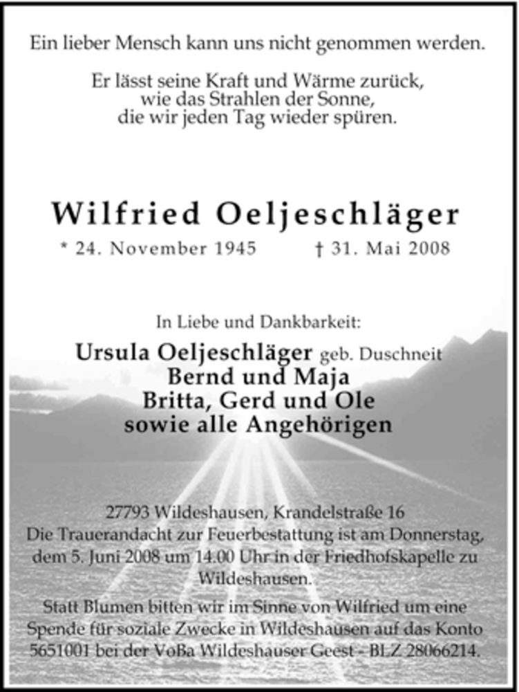  Traueranzeige für Wilfried Oeljeschläger vom 03.06.2008 aus KREISZEITUNG SYKE
