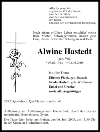 Traueranzeige von Alwine Hastedt von KREISZEITUNG SYKE