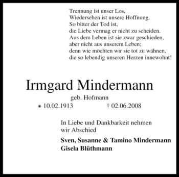 Traueranzeige von Irmgard Mindermann von KREISZEITUNG SYKE